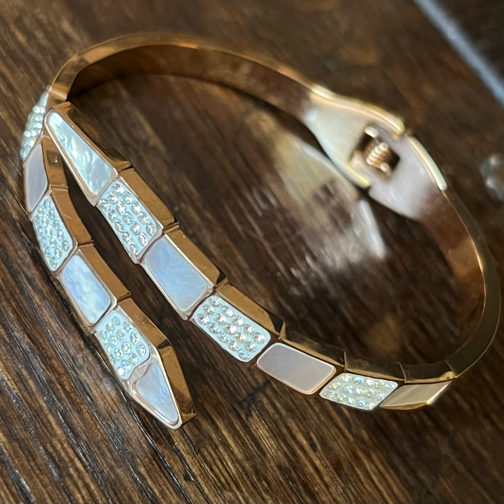 Rose Gold-Plated Snake-Inspired Bracelet Cuff With Crystals & Faux MOP